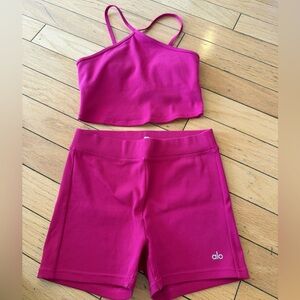 ALO Yoga Bright Pink Ribbed Tank and Shorts Set